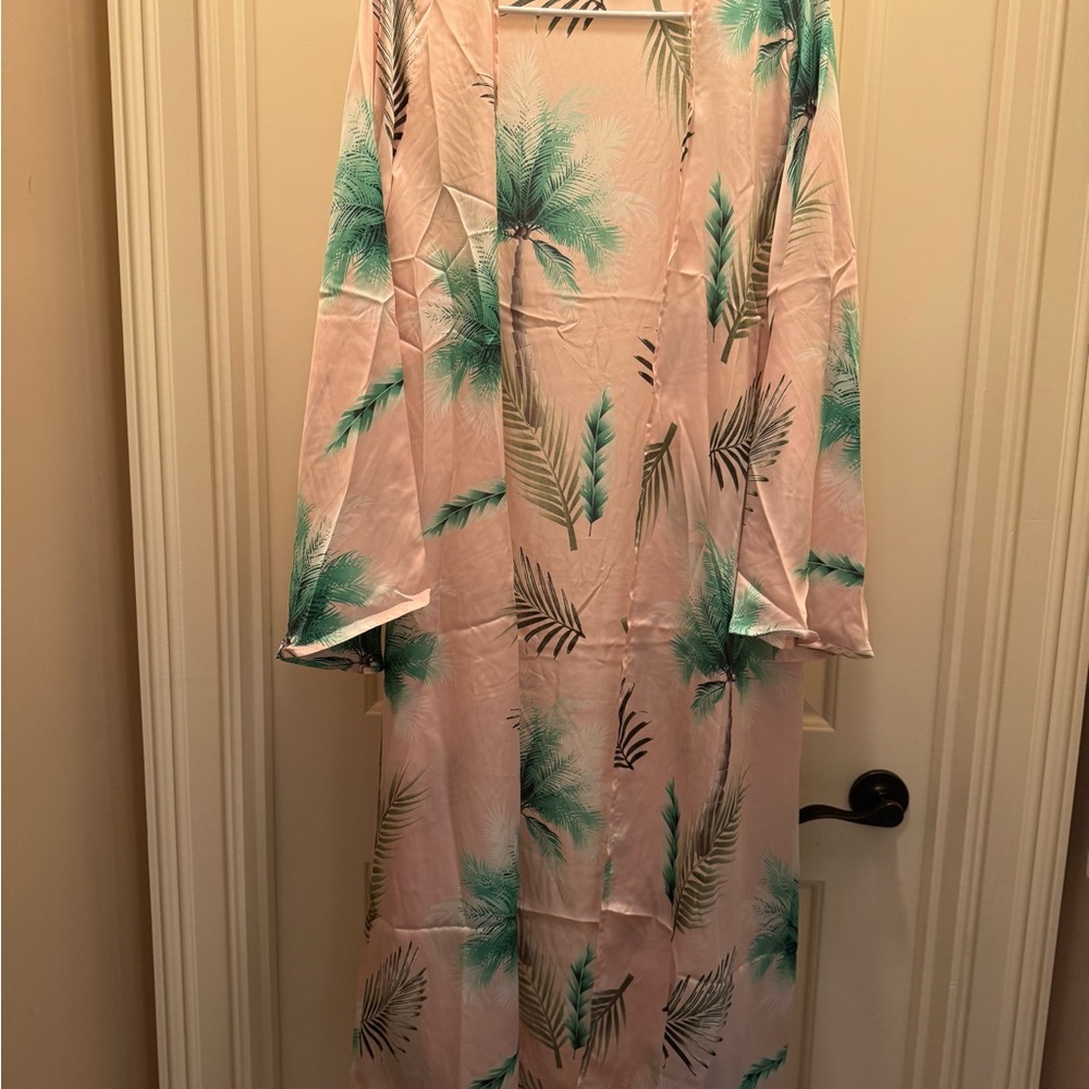 fab'rik Palm Print Beach Robe in Pink and Green